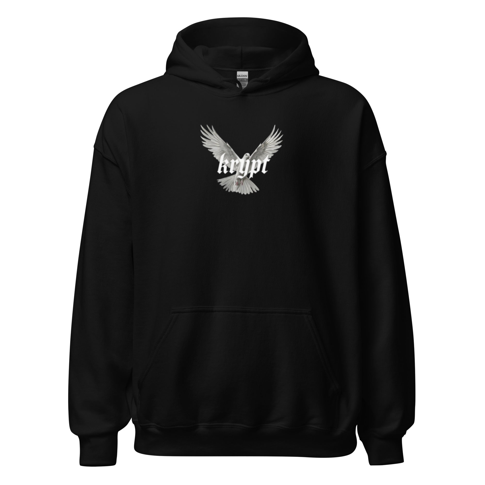 Black KryptClothing Logos Hoodie T-shirt with front logo design, unisex heavy blend fabric, casual streetwear style.